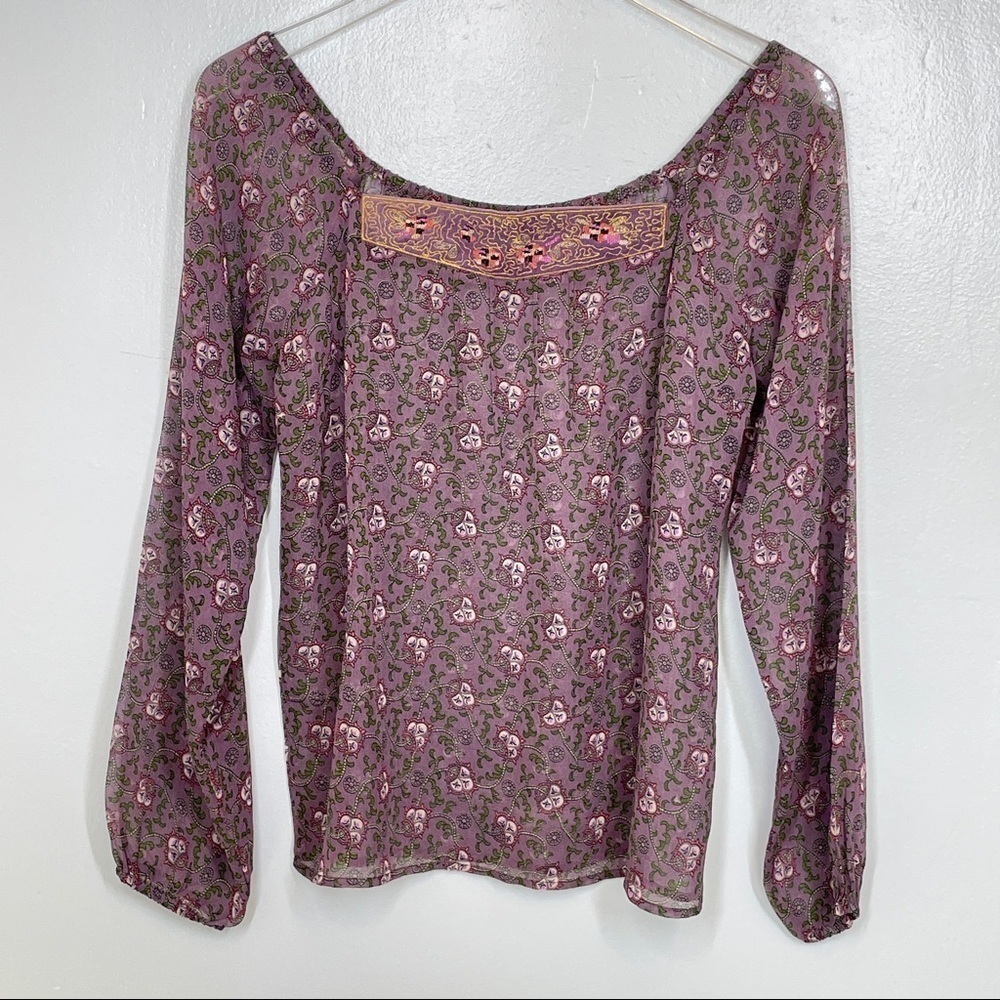 Anthropologie Lux Sheer Purple Floral Pullover Top w/Gold Embroidery Front Sz M